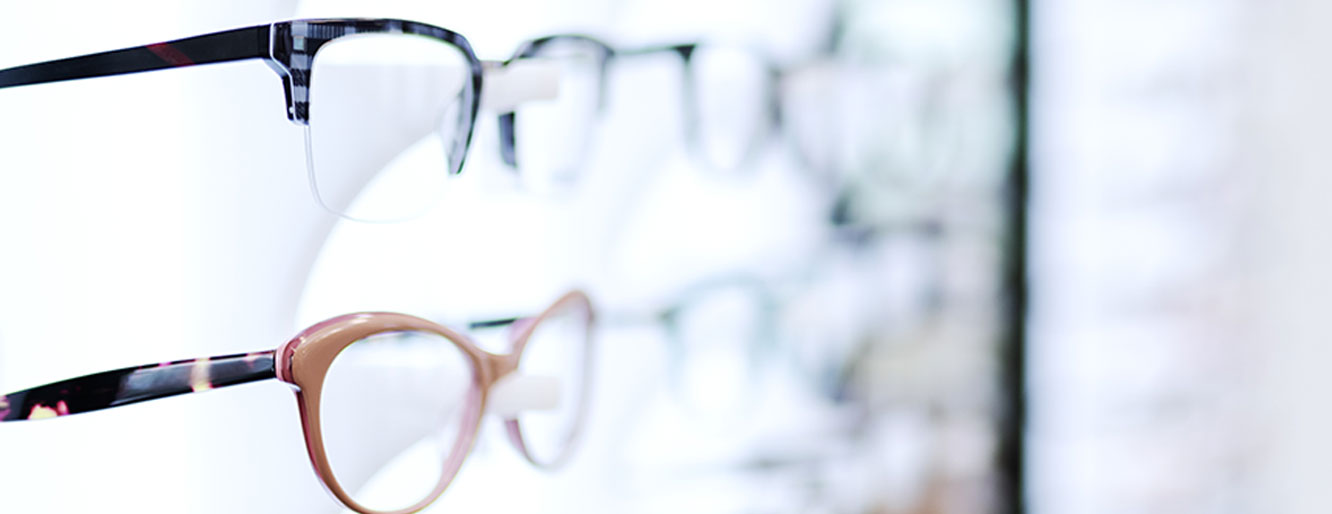 A display of eyeglasses in a glasses store.