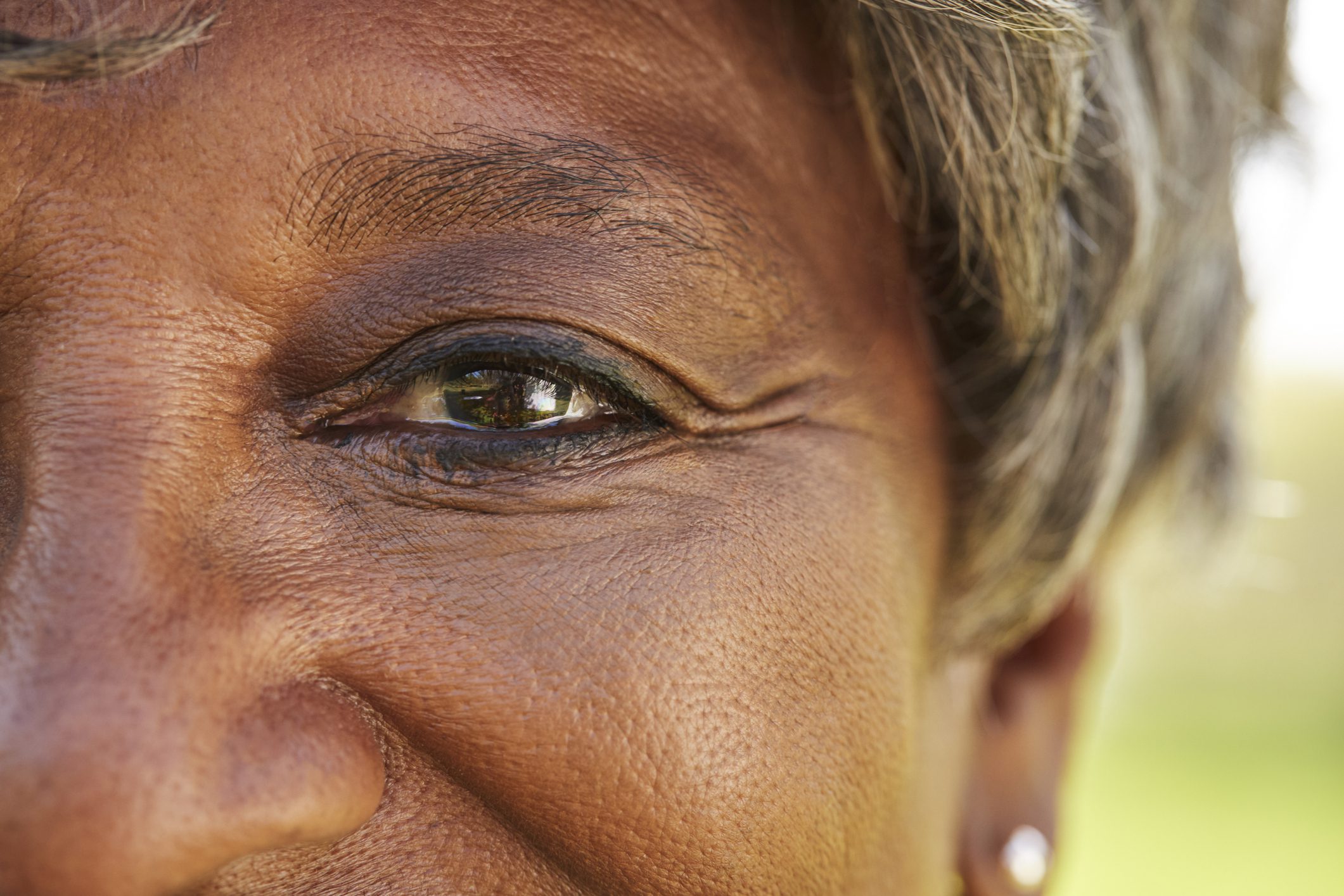 A closeup of a smiling woman's eye.