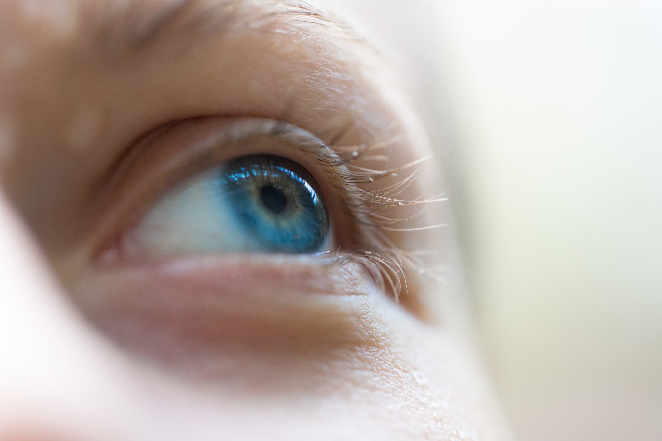 Shot from beneath, a close up of a blue eye with blonde eyelashes