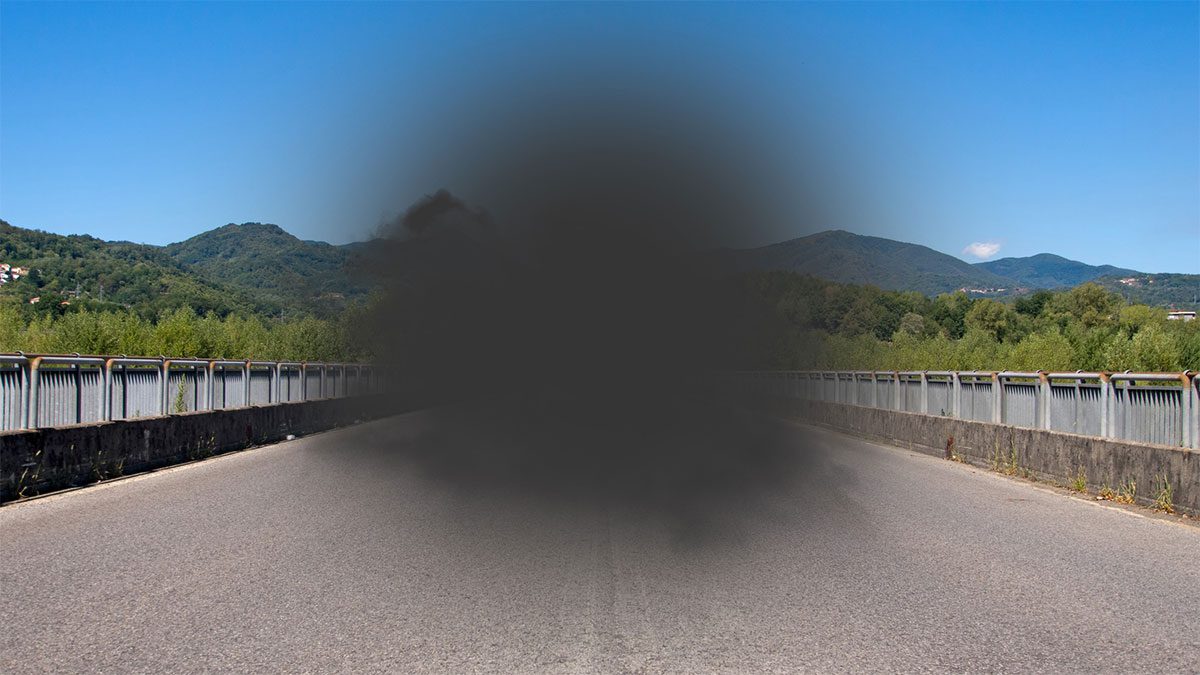 Roadway lined by trees and heading into a scenic mountain range obscured by a large dark blot in the middle of the image