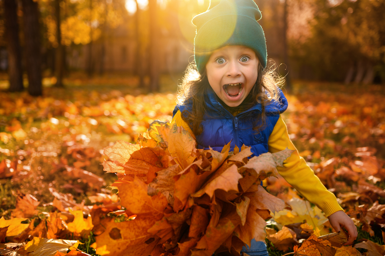 child in a green hat holds a pile of leaves