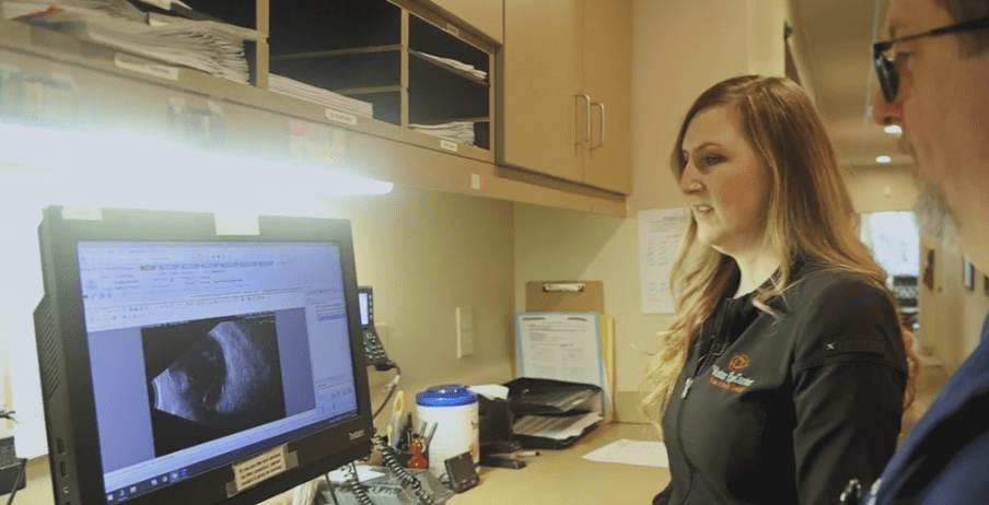 Blonde female Vistar employee in black Vistar zip-up looks at scan results on a computer with another man