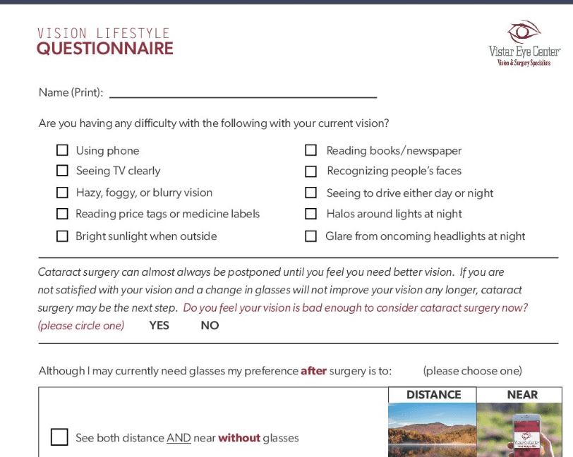Close up of the Vistar Vision Lifestyle Questionnaire, asking question about current vision difficulties.